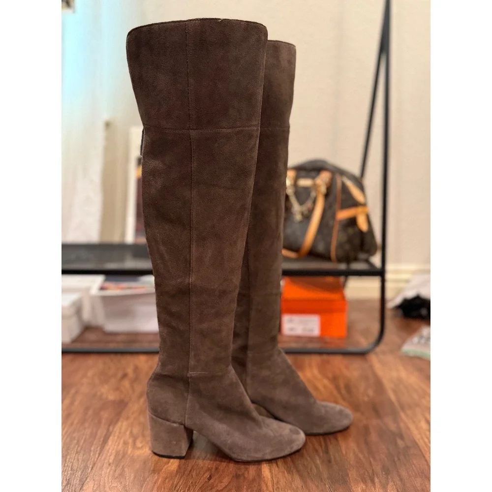 Dolce Vita Suede Over the Knee Boots Mushroom Taupe Chunky Heel Size 8